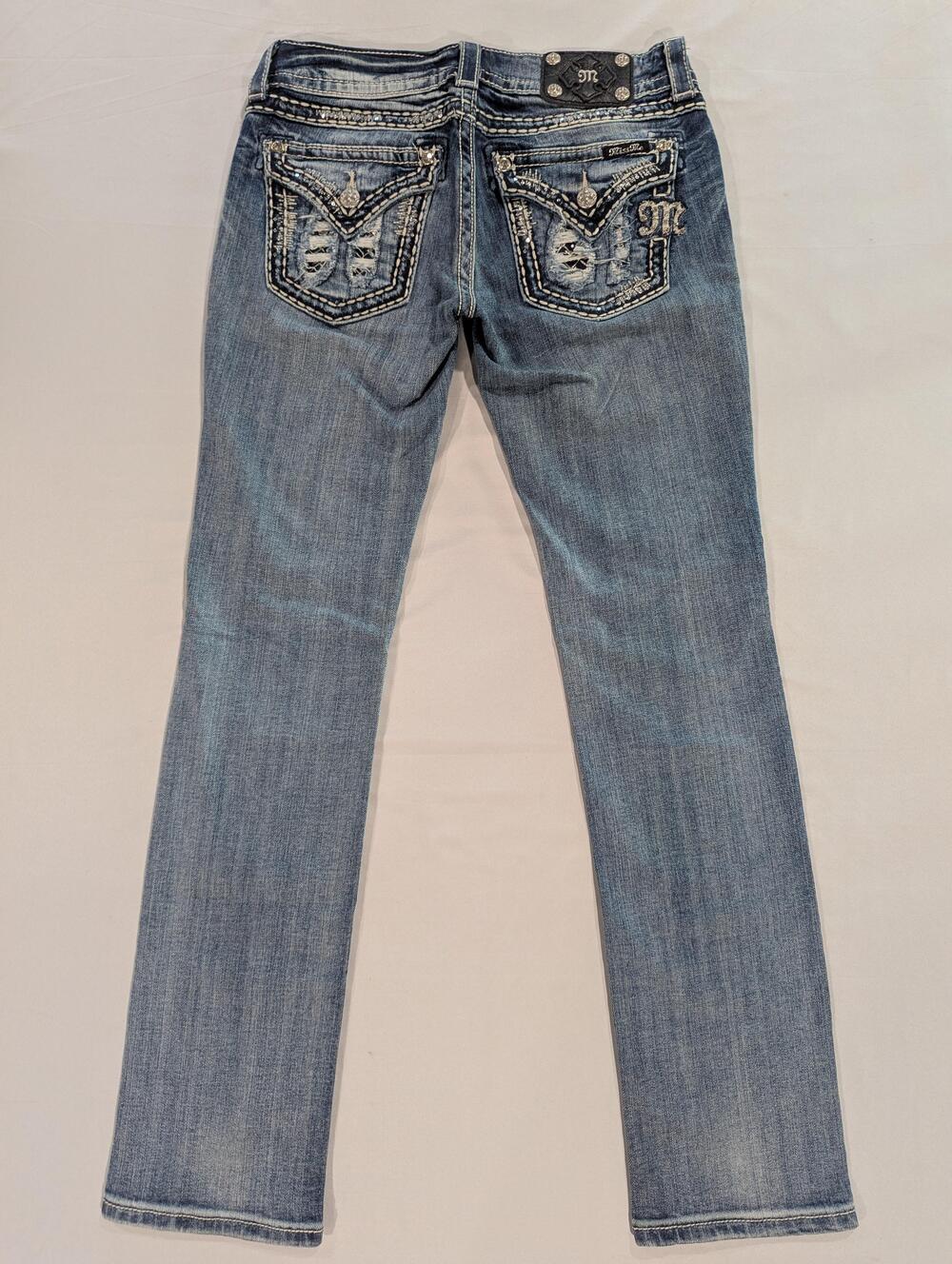 Miss Me Jeans Womens 29 Blue Med Wash Low Rise Straight Stretch Rhinestone Denim